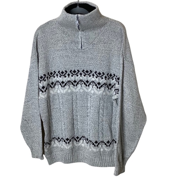 Vintage Sweater Mens M Fair Isle 1/4 Zip Gray Wool Blend Pullover Grandpa - Picture 1 of 8